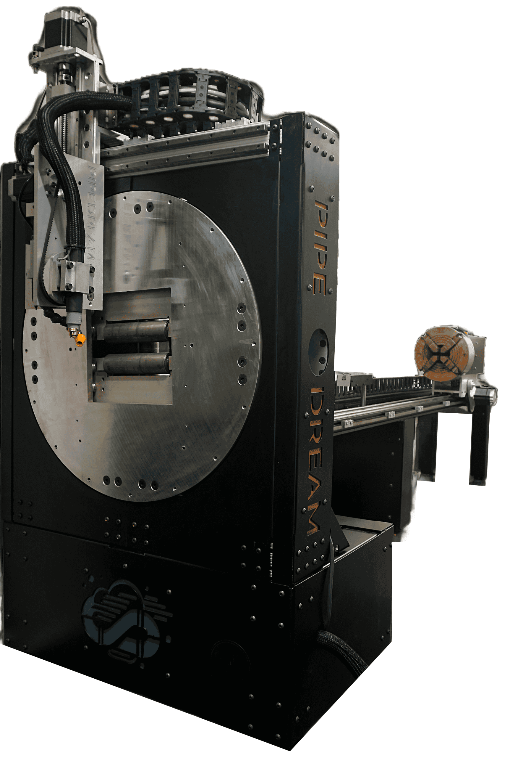 Full view of the Pipe Dream CNC automated pipe cutting machine with rotary chuck, plasma torch and long-track system.